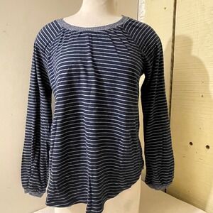 Lucky‎ Brand Womens Size Large Striped Long Sleeve Top Knit Trim Navy Blue